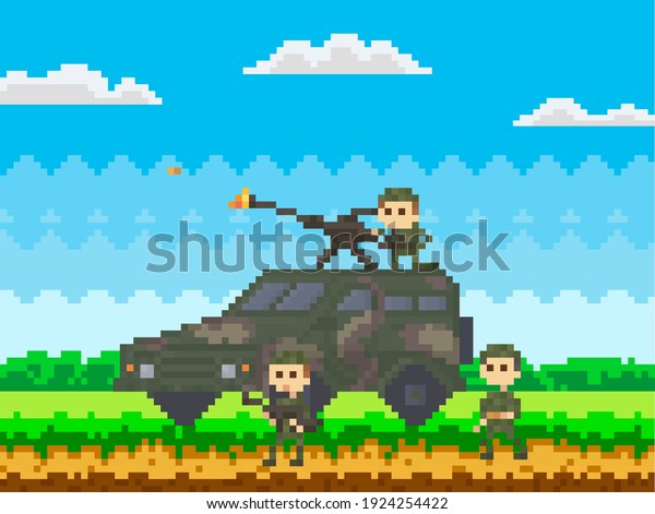 Soldiers in uniform near combat camouflage\
transport for pixel-game design. Men armed with machine gun on roof\
of car prepare for attack pixelated vector illustration. People\
with military\
technics
