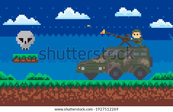 Soldiers in uniform near combat camouflage transport
for pixel game design. Men armed with machine gun on roof of car
shoot evil skull. Military people fighting monster. Pixel 8 bit
retro game