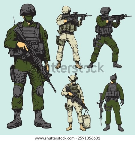 Soldiers in various poses, in vector format, for character design, cartoons, stickers, scenes, and other designs.
