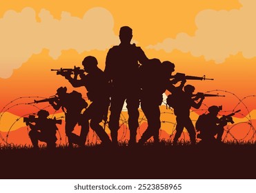 Soldados vetor, ilustração vetorial militar, fundo do exército, silhuetas dos soldados.