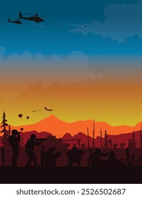 Soldiers vector, military vector illustration, Army background, soldiers silhouettes.	