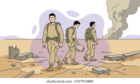 Soldiers walk through a devastated desert battlefield after an explosion, featuring smoke, rubble, and cracked earth in a clean vector art style here.