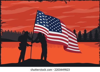 soldiers waving usa flag landscape