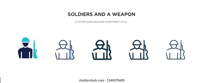 soldiers and a weapon icon in different style vector illustration. two colored and black soldiers and a weapon vector icons designed in filled, outline, line stroke style can be used for web,