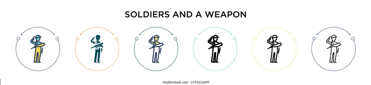 Soldiers and a weapon icon in filled, thin line, outline and stroke style. Vector illustration of two colored and black soldiers and a weapon vector icons designs can be used for mobile, ui, web