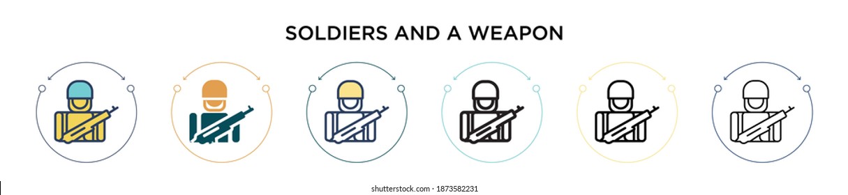 Soldados y un ícono de arma en el estilo relleno, delgado, contorno y trazo. La ilustración vectorial de dos soldados de color y negro y los diseños de iconos de vectores de armas se pueden utilizar para móviles, ui, web