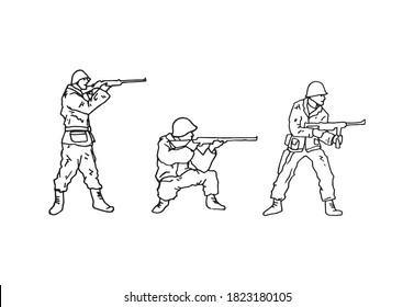 Soldados de la guerra mundial en una posición diferente listos para el combate y el tiroteo, ilustración esquemática dibujada a mano. Ejército viejo lleno de armas. Militares sosteniendo armas de fusil. Hombre con uniforme y casco.