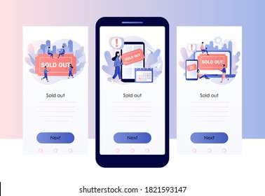 Sold-out event, sold-out crowd, no tickets available concept. Online booking system. Screen template for mobile smart phone. Modern flat cartoon style. Vector illustration on white background