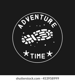 sole imprint with "adventure time"lettering, vector graphic art round shape emblem, retro vintage style badge design logo, illustration isolated on black background.