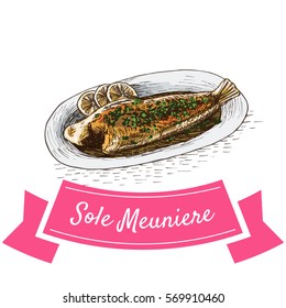 Sole Meuniere Colorful Illustration. Vector Illustration Of French Cuisine.