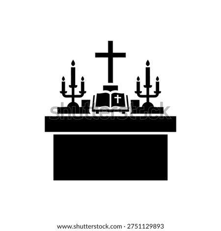 A solemn altar featuring a cross, an open bible, and two candlesticks, symbolizing religious worship and spiritual devotion.