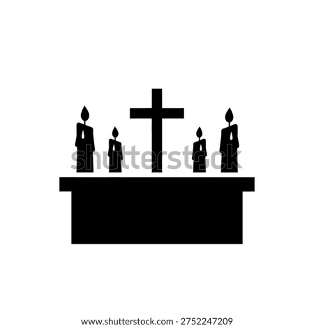 A solemn altar featuring a prominent cross and five lit candles, representing a sacred religious setting and spiritual devotion.
