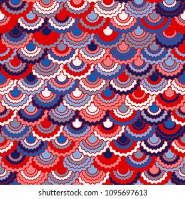 Solemn american flag ribbons bunting decoration. Patriotic USA red blue white background. Seamless pattern in american colors, memorial or Independence Day ribbons decor background. Fabric pattern.