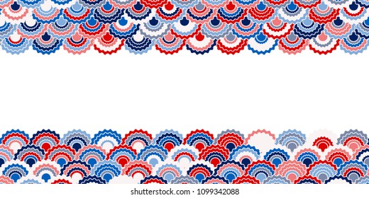 Solemn american flag ribbons bunting decoration. Patriotic USA red blue white background. Bright pattern in american colors, memorial or Independence Day striped frame vector background.