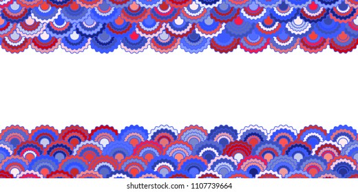Solemn american flag ribbons bunting decoration. Patriotic USA red blue white background. Bright pattern in american colors, memorial or Independence Day ribbons frame vector background.