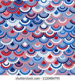 Solemn american flag ribbons bunting decoration. Patriotic USA red blue white background. Seamless pattern in american colors, 4th July Independence Day striped decor background. Fabric pattern.