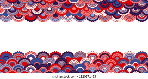 Solemn american flag ribbons bunting decoration. Patriotic USA red blue white background. Bright pattern in american colors, memorial or Independence Day ribbons frame vector background.