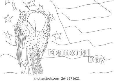 Solemn Bald Eagle and American Flag Outline for Memorial Day Coloring. Perfect for patriotic remembrance and educational activities.