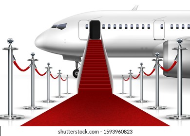 Solemn Ceremony Boarding Commercial Airplane With Red Carpet. EPS10 Vector