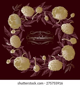 Solemn flower composition with the use of the whole brown and gold nuances, arranged in a shape of the wreath perfect for invitations, congratulation, birthday and wedding cards 