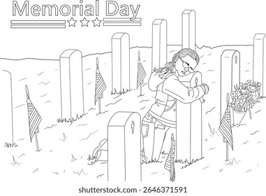Cena Solene do Dia em Memória às Vítimas de Guerra - Ilustração em Arte em Linha de uma Pessoa Homenageando um Soldado Caído em um Cemitério Militar com Bandeiras e Pedras Gravosas Americanas, Perfeito para Colorir Páginas e Temas de Lembrança.