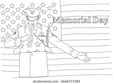 Solemn military figure with a folded American flag and 'Memorial Day' text on a stars and stripes background.