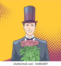 Solemn moment. Man in date. Man with flowers.  Man with a bouquet of roses. Concept idea of advertisement and promo. Pop art retro style illustration. People in retro style. Halftone background.