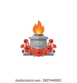 A solemn monument featuring an eternal flame atop a stone structure, adorned with a wreath of red poppies.