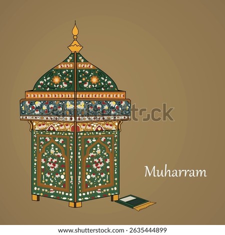 Solemn Muharram vector art featuring an intricately designed Tazia (Taboot), a symbolic replica used in mourning processions, alongside a prayer mat (Janamaz). Islamic remembrance and art.