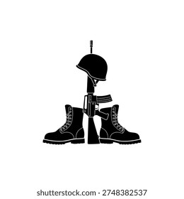 A solemn tribute to fallen soldiers, featuring a helmet, rifle, and boots arranged as a battle cross.