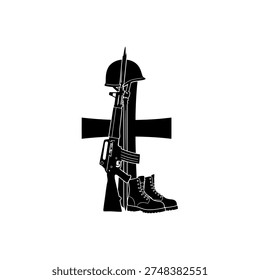 A solemn tribute to fallen soldiers, featuring a battle cross with a helmet, rifle, and boots, symbolizing sacrifice and remembrance.