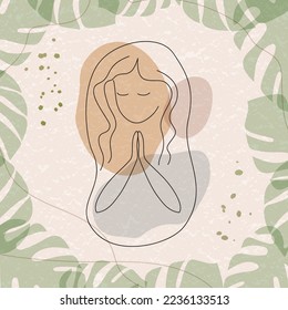 Solemnity of Mary or Solemnity of the Blessed Virgin Mary, the Mother of God greeting concept. Image of a young woman in prayer, minimalist line art style.