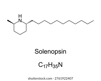 Solenopsin, chemical formula and molecular structure. Lipophilic alkaloid in venom of fire ants, Solenopsis. Primary toxin of the venom, responsible for cardiorespiratory failure after stings. Vector