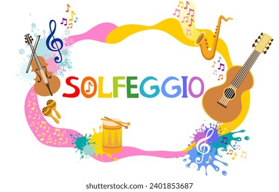 Solfeggio. Musical template. Horizontal musical frame. Online music tuition. Classical education.  Remote learning from home. Elementary school or kindergarten kids musical education. vector