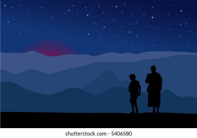 Solhouettes of child and mother watching stars on the sky in the mountains (vector)