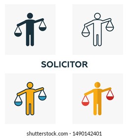 Solicitor Icon Set. Four Elements In Diferent Styles From Business Management Icons Collection. Creative Solicitor Icons Filled, Outline, Colored And Flat Symbols.