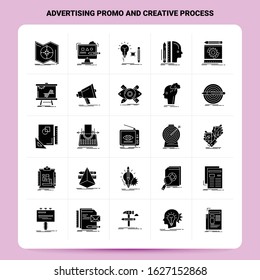 Solid 25 Advertising Promo And Creative Process Icon set. Vector Glyph Style Design Black Icons Set. Web and Mobile Business ideas design Vector Illustration.