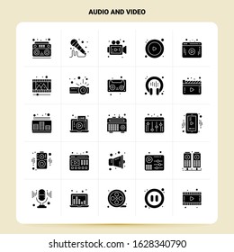 Solid 25 Audio And Video Icon set. Vector Glyph Style Design Black Icons Set. Web and Mobile Business ideas design Vector Illustration.