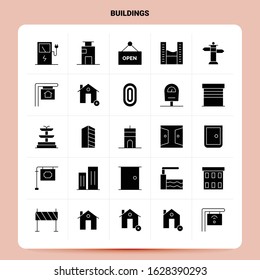 Solid 25 Buildings Icon set. Vector Glyph Style Design Black Icons Set. Web and Mobile Business ideas design Vector Illustration.