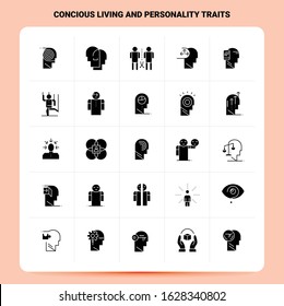 Solid 25 Concious Living And Personality Traits Icon set. Vector Glyph Style Design Black Icons Set. Web and Mobile Business ideas design Vector Illustration.