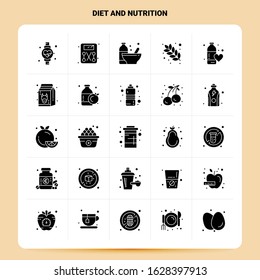 Solid 25 Diet And Nutrition Icon set. Vector Glyph Style Design Black Icons Set. Web and Mobile Business ideas design Vector Illustration.