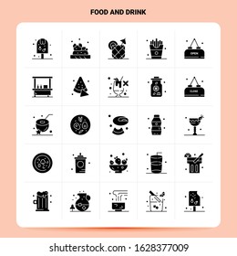 Solid 25 Food And Drink Icon set. Vector Glyph Style Design Black Icons Set. Web and Mobile Business ideas design Vector Illustration.