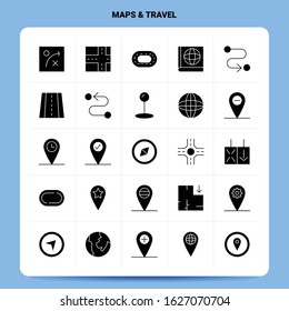 Solid 25 Maps & Travel Icon set. Vector Glyph Style Design Black Icons Set. Web and Mobile Business ideas design Vector Illustration.