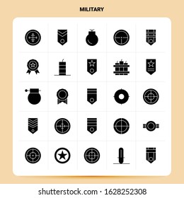 Solid 25 Military Icon set. Vector Glyph Style Design Black Icons Set. Web and Mobile Business ideas design Vector Illustration.