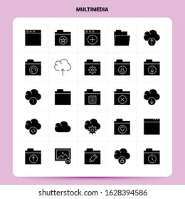 Solid 25 Multimedia Icon set. Vector Glyph Style Design Black Icons Set. Web and Mobile Business ideas design Vector Illustration.