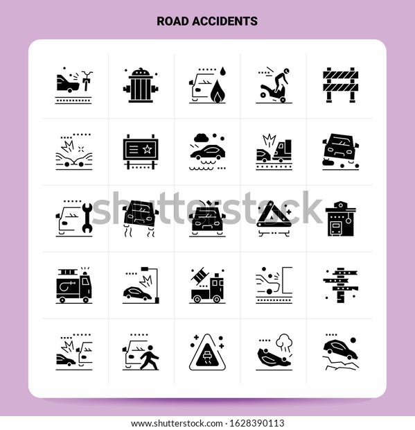Solid 25 Road Accidents Icon set. Vector\
Glyph Style Design Black Icons Set. Web and Mobile Business ideas\
design Vector\
Illustration.