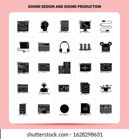 Solid 25 Sound Design And Sound Production Icon set. Vector Glyph Style Design Black Icons Set. Web and Mobile Business ideas design Vector Illustration.
