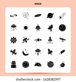 Solid 25 Space Icon set. Vector Glyph Style Design Black Icons Set. Web and Mobile Business ideas design Vector Illustration.