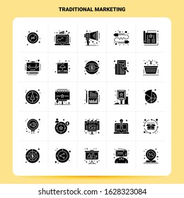 Solid 25 Traditional Marketing Icon set. Vector Glyph Style Design Black Icons Set. Web and Mobile Business ideas design Vector Illustration.