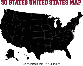 Solid 50 State map of United States of America. Black and white print map of USA for t-shirt, poster or geographic themes. Hand-drawn black map with states. Vector Illustration